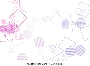Light Purple, Pink vector template with crystals, circles, squares. Abstract gradient illustration with circles, triangles, cubes. Modern template for landing page.