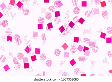Light Purple, Pink vector template with crystals, circles, squares. Decorative design in abstract style with lines, dots, cubes. Template for wallpapers.