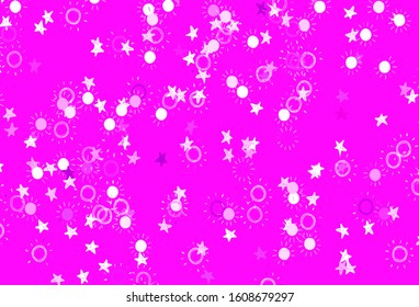 Light Purple, Pink vector template with doodle stars, suns. Glitter abstract illustration with colored stars, suns. Best design for your ad, poster, banner.