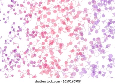 Light Purple, Pink vector template with crystals, circles. Illustration with set of colorful circles, triangles. Modern template for landing page.