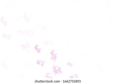 Light Purple, Pink vector template with 30, 50, 90% selling. Illustration with signs of sales on abstract template. Template for season sales, shopping ads.