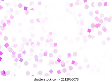 Púrpura claro, plantilla de vector rosa con cristales, círculos, cuadrados. Ilustración abstracta con puntos coloridos, líneas, cubos. Mejor diseño para afiches, pancartas.