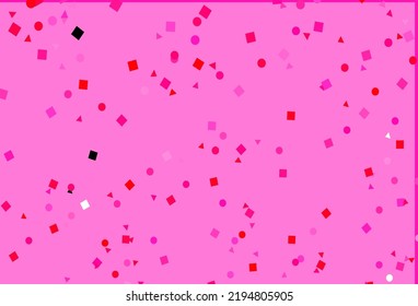 Púrpura claro, plantilla de vector rosa con cristales, círculos, cuadrados. Decoración de estilo abstracto con líneas, puntos, cubos. Patrón de anuncios comerciales, folletos, folletos