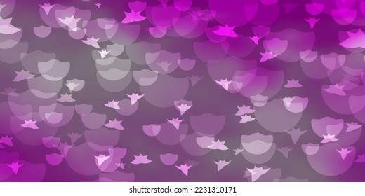Púrpura claro, plantilla de vector rosa con círculos, estrellas. Ilustración colorida con puntos degradados, estrellas. Patrón para el diseño de tela, papel pintado.