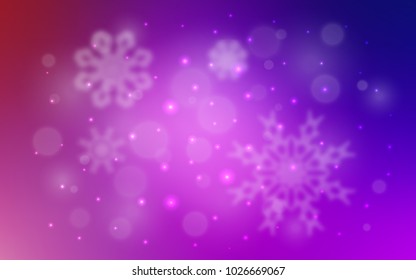 Light Purple, Pink vector texture with colored snowflakes. Blurred decorative design in xmas style with snow. The pattern can be used for new year ad, booklets.