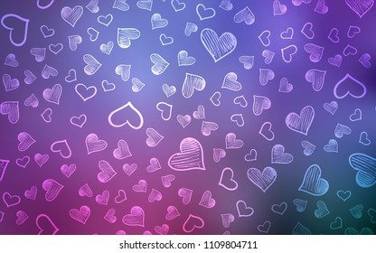 Light Purple, Pink vector texture with lovely hearts. Blurred decorative design in doodle style with hearts. Template for Valentine's greeting postcards.