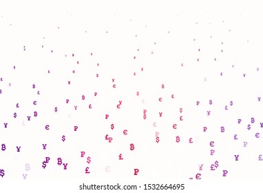 Light Purple, Pink vector texture with colored currency signs. Shining illustration with signs of currency on abstract template. Pattern for bank ads, posters, banners.