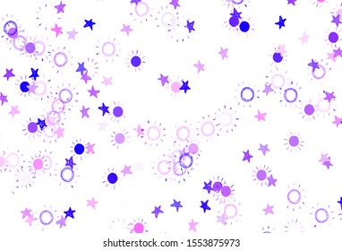 Light Purple, Pink vector texture with small stars, suns. Shining illustration with stars, suns on abstract template. Pattern for astronomy websites.