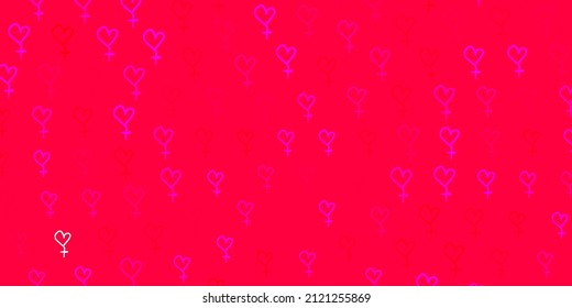 Púrpura claro, textura vectorial rosada con símbolos de derechos de la mujer. Ilustración con signos de fuerza y poder de las mujeres. Diseño elegante para tapices.