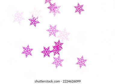 Leicht violett, rosafarbene Vektorstruktur mit farbigen Schneeflocken, Sternen. Farbenreiche Illustration mit Schnee im Weihnachtsstil. Basisteil für Neujahrsbroschüren.