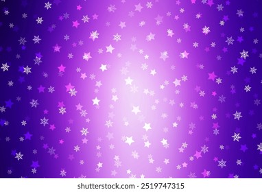 Púrpura claro, textura de Vector rosa con copos de nieve de colores, estrellas. Ilustración colorida brillante con formas de nieve degradada. Diseño para carteles de Nuevo año, Anuncios.