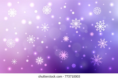 Light Purple, Pink vector texture with colored snowflakes. Blurred decorative design in xmas style with snow. New year design for your business advert.