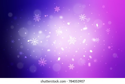 Light Purple, Pink vector texture with colored snowflakes. Decorative shining illustration with snow on abstract template. The pattern can be used for new year leaflets.