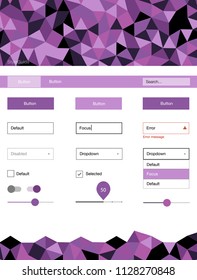 Light Purple, Pink vector ui kit in polygonal style. Web ui kit with abstract gradient triangles in its header. Simple colorful design for websites.