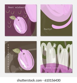 Light purple plums and scribbles on green.Hand drawn creative invitation greeting cards. Poster, placard, design templates. Anniversary, Birthday, wedding, party cards set of 4. Isolated on layer.