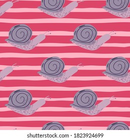 Light purple snails ornament seamless stylized pattern. Pink stripped bright background. Nature backdrop. Decorative backdrop for wallpaper, textile, wrapping paper, fabric print. Vector illustration.