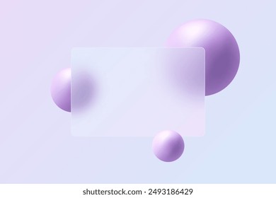 Light purple spheres and glass banner abstract background in glass morphism style.