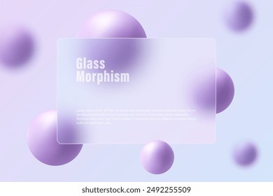 Light purple spheres with a transparent plate in glass morphism style. Abstract website landing page template.