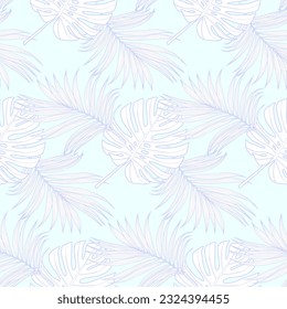 Patrón tropical claro y sin costuras con hojas de palma y hojas de monstera. Patrón para textiles, papel de embalaje, papel pintado, postales, fondos