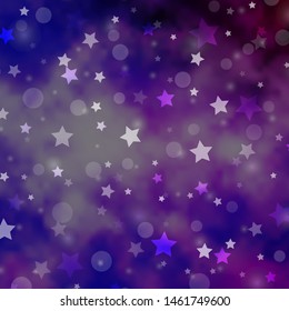 Light Purple vector backdrop with circles, stars. Glitter abstract illustration with colorful drops, stars. Template for business cards, websites.