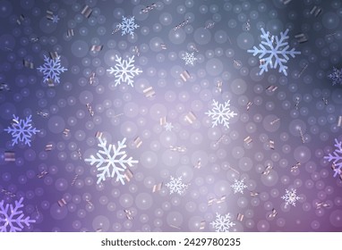Fondo de vector púrpura claro en estilo de vacaciones. Ilustración con copos de nieve de colores y bolas de Navidad. Plantilla para letras, tipografía.