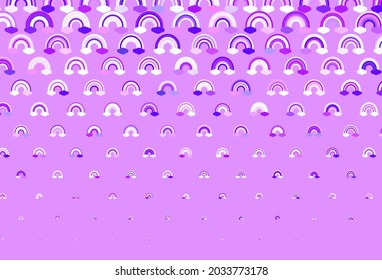 Fondo vector claro púrpura con arcos de lluvia, nubes. Símbolos coloridos del arcoiris colorido al estilo del amor. Mejor diseño de eventos felices.