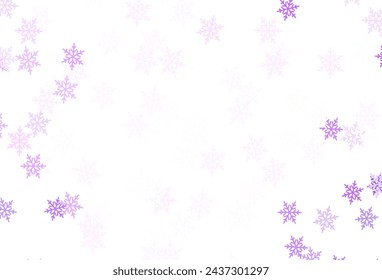 Fondo vectorial púrpura claro con hermosos copos de nieve, estrellas. Diseño decorativo colorido en estilo navideño con nieve. Diseño para el anuncio de Año Nuevo, folletos.