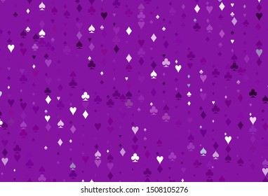 Light Purple vector background with cards signs. Blurred decorative design of hearts, spades, clubs, diamonds. Template for business cards of casinos.