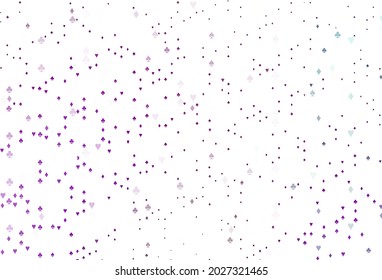Fondo vectorial púrpura claro con signos de tarjetas. Ilustración brillante con corazones, espadas, palos, diamantes. Diseño inteligente para su anuncio comercial de casinos.