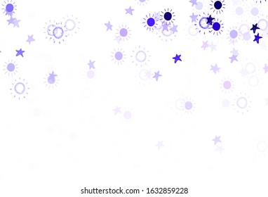 Light Purple vector background with colorful stars, suns. Shining illustration with stars, suns on abstract template. Smart design for your business advert.