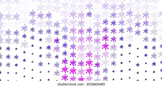 Fondo de vector púrpura claro con símbolos covid-19. Ilustración inteligente con signos cómodos en estilo decorativo. Diseño para la alerta de riesgo biológico.
