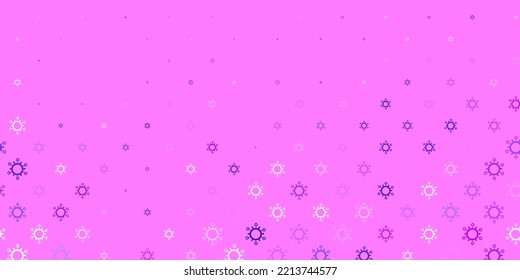 Hellvioletter Vektorhintergrund mit Covid-19 Symbolen. Farbige Farbverlauf-Krankheitssymbole im einfachen abstrakten Stil. Design für Warnhinweise auf biologische Gefahren.