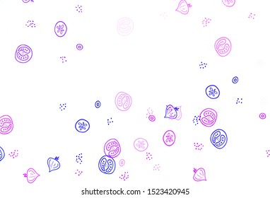 Light Purple vector background with cuisine gourmet. Illustration with set of fresh food in doodle style. Pattern for menu of cafes, bars, restaurants.