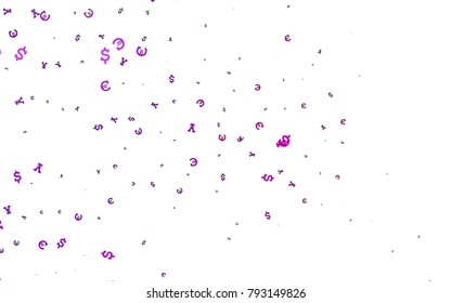 Light Purple vector background with Euro, Dollar, Yen. Abstract illustration with colored financial digital symbols. Best design for your ad, poster, banner of money.