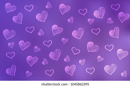 Light Purple vector background with hearts. Blurred decorative design in doodle style with hearts. Pattern can be used for valentine's ad, booklets.