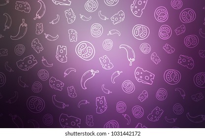 Light Purple vector background with tasty food. Fast Food on blurred abstract background with colorful gradient. Doodle design for your business advert of cafes.