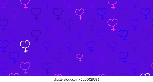 Fundo de vetor roxo claro com símbolos de mulher. Ilustração colorida com formas de feminismo gradiente. Design elegante para papéis de parede.