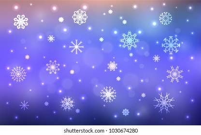 Light Purple vector background with xmas snowflakes. Shining colored illustration with snow in christmas style. The template can be used as a new year background.