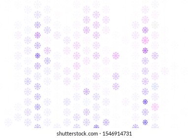 Light Purple vector background with xmas snowflakes. Colorful decorative design in xmas style with snow. Template for a new year background.