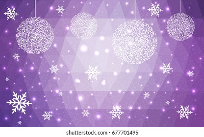 Light Purple vector christmas polygon background. Low poly Illustration consisting of triangles with snowflakes. Texture, seamless background of New Year celebration.
