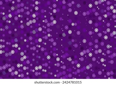 Cubierta de vector púrpura claro con hermosos copos de nieve. Ilustración de colores brillantes con nieve en estilo navideño. Diseño de año nuevo para su anuncio, póster, banner.