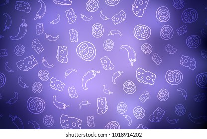 Light Purple vector cover with cuisine gourmet. Illustration with set of fresh food in doodle style. Design for ad, poster, banner of cafes or restaurants.