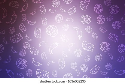 Light Purple vector cover with cuisine gourmet. Fast Food on blurred abstract background with colorful gradient. Template for meal cooking in kitchen.