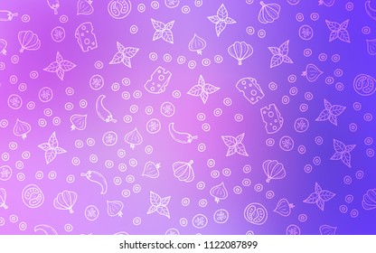 Light Purple vector cover with cuisine gourmet. Glitter abstract sketch with gourmet food. Doodle design for your business advert of cafes.