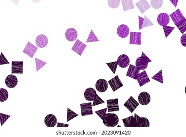 Light Purple vector cover in polygonal style with circles. Illustration with set of colorful circles, triangles, squares. Template for wallpapers.