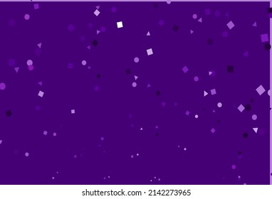 Cubierta vectorial púrpura clara en estilo poligonal con círculos. Ilustración abstracta con puntos coloridos, líneas, cubos. Mejor diseño para tu anuncio, afiche, banner.