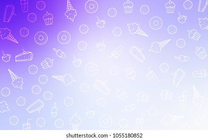 Light Purple vector cover with set of confections. Glitter abstract sketch with sweets, candies, desserts. Pattern for ads of breakfast, lunch, dinner.