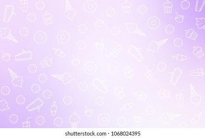 Light Purple vector cover with set of confections. Beautiful colored illustration with candies in doodle style. Pattern for ad, booklets, leaflets of restaurants.
