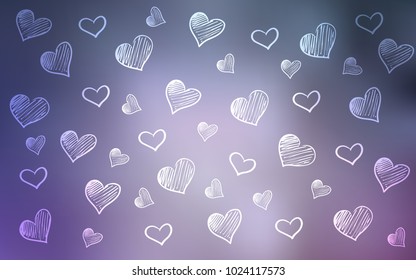 Light Purple vector cover with Shining hearts. Glitter abstract illustration with colorful hearts in romantic style. Pattern for carnival, festival romantic leaflets.