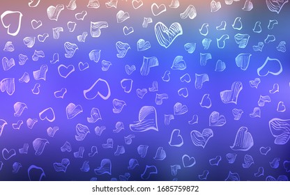Tapa vectorial púrpura clara con corazones brillantes. Diseño decorativo borroso en estilo doodle con corazones. El patrón se puede utilizar para anuncios de San Valentín, folletos.